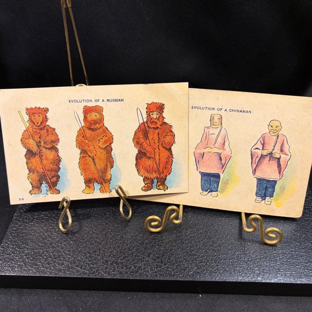 Antique Evolution of a Russian and Chinaman Postcards Pair Lithograph 1907-1915